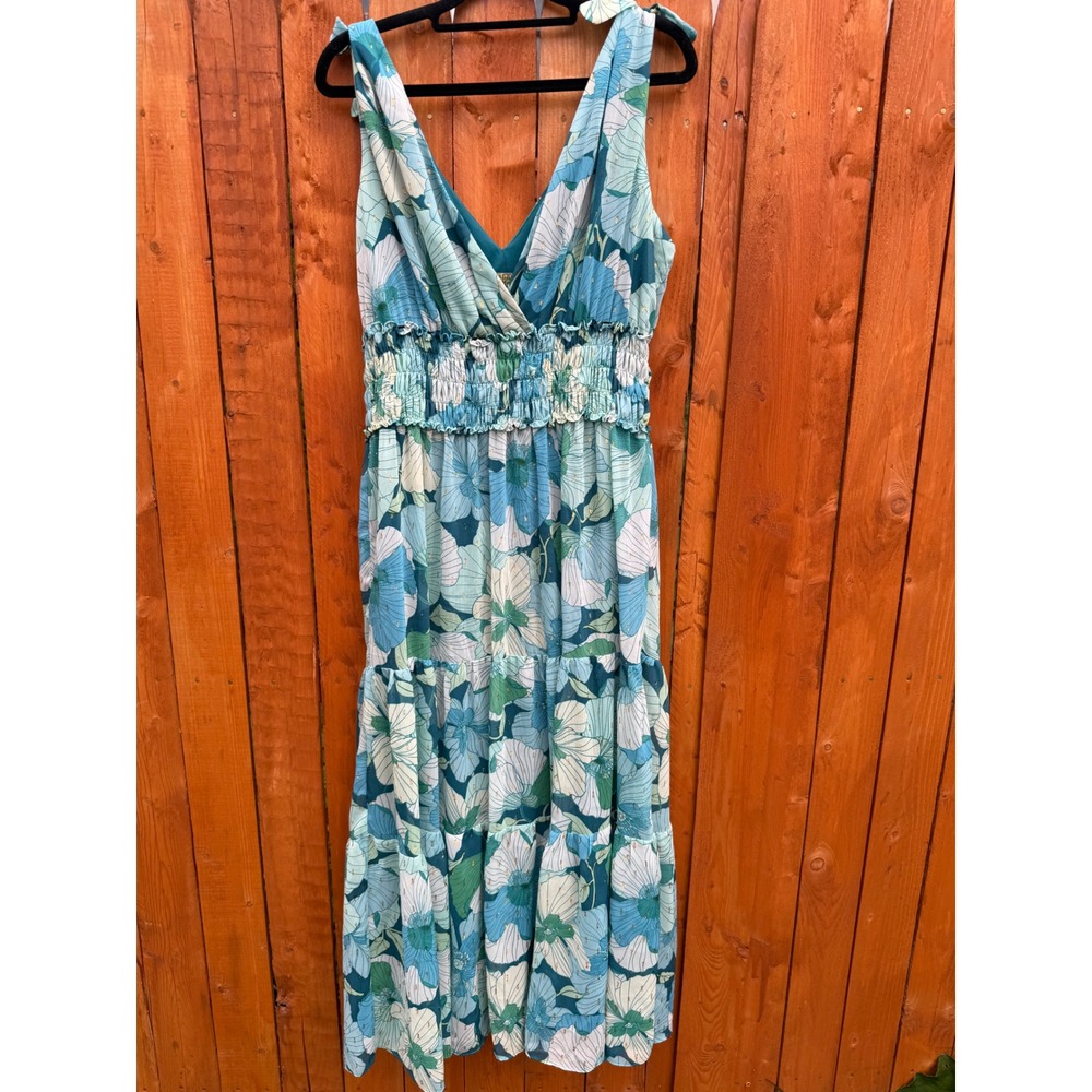Taylor Blue Green Floral Metallic Clip Dot Smocked Tiered Maxi Dress Size 12